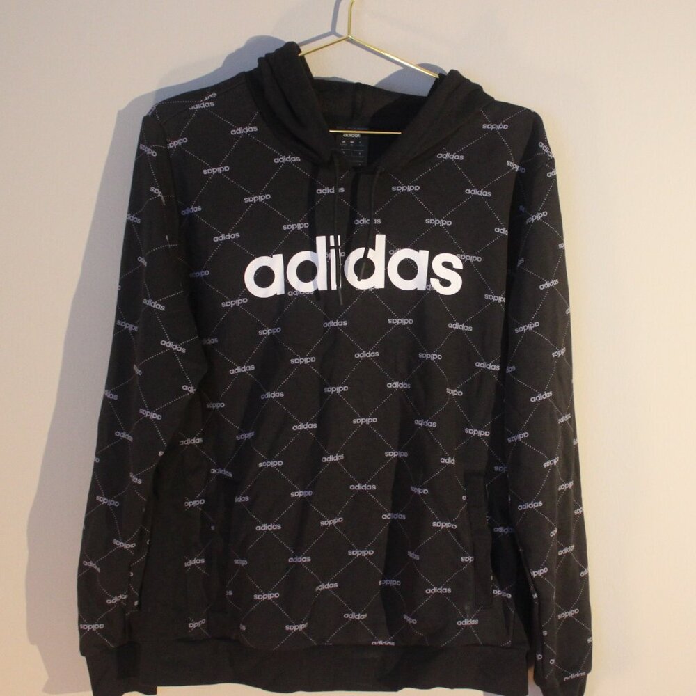 NWT Adidas Hooded Sweatshirt Women XL Black White Allover Spellout Print Hoodie